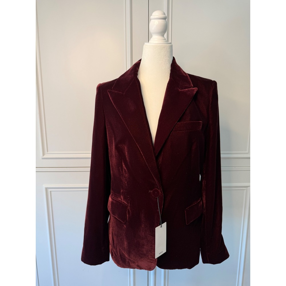 Mango Velvet Blazer Women M Burgundy NEW Tailored Single Button Holiday Luxe